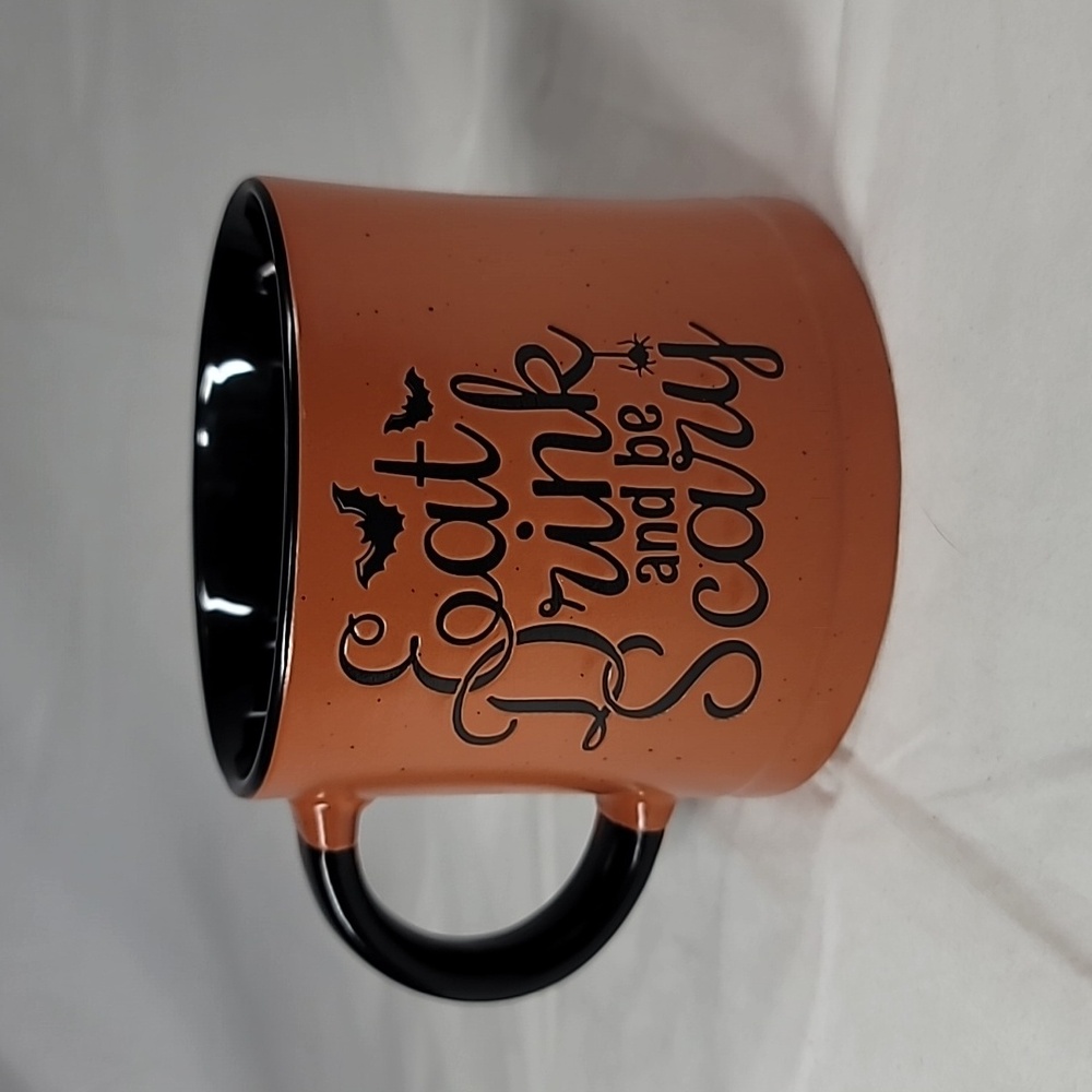 Eat Drink and be Scary Orange & Black Ceramic Mug Cup w/ Bats Halloween Spooky